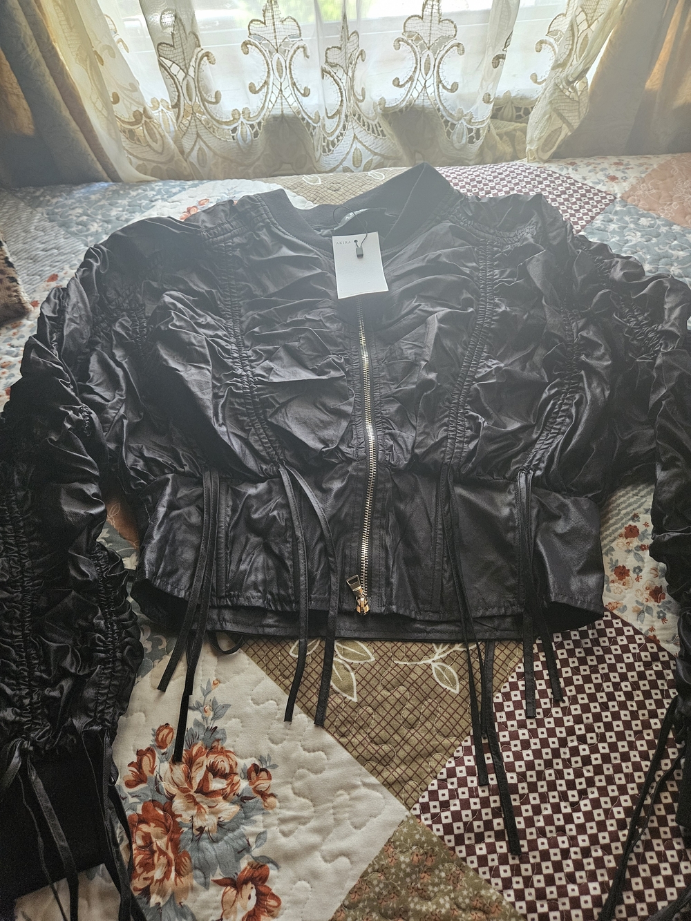 AKIRA Black Ruched Bomber Jacket with Drawstring Details